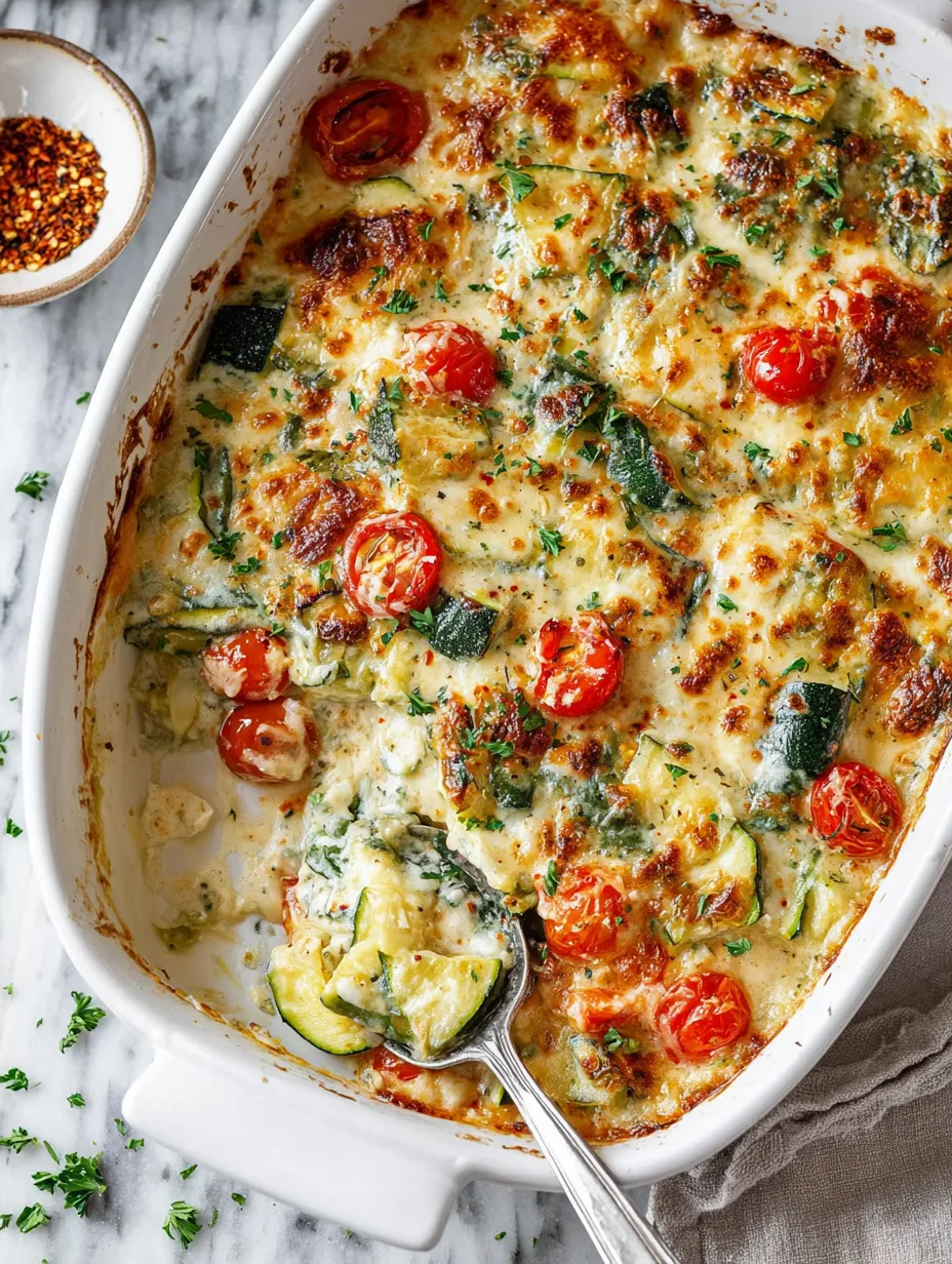 Casserole filled with cheese, zucchini, and tomatoes.