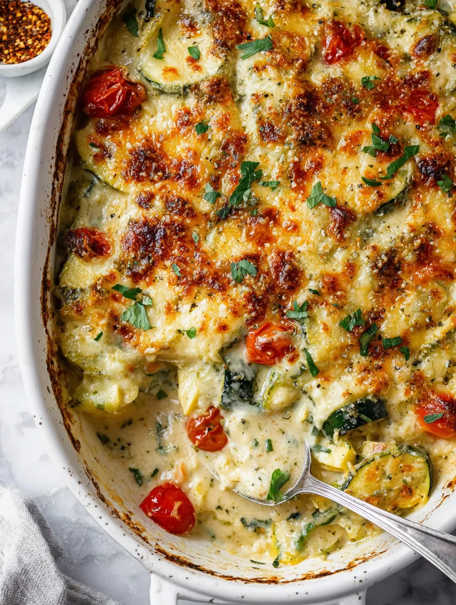 Dish of veggies and cheese with a serving spoon.