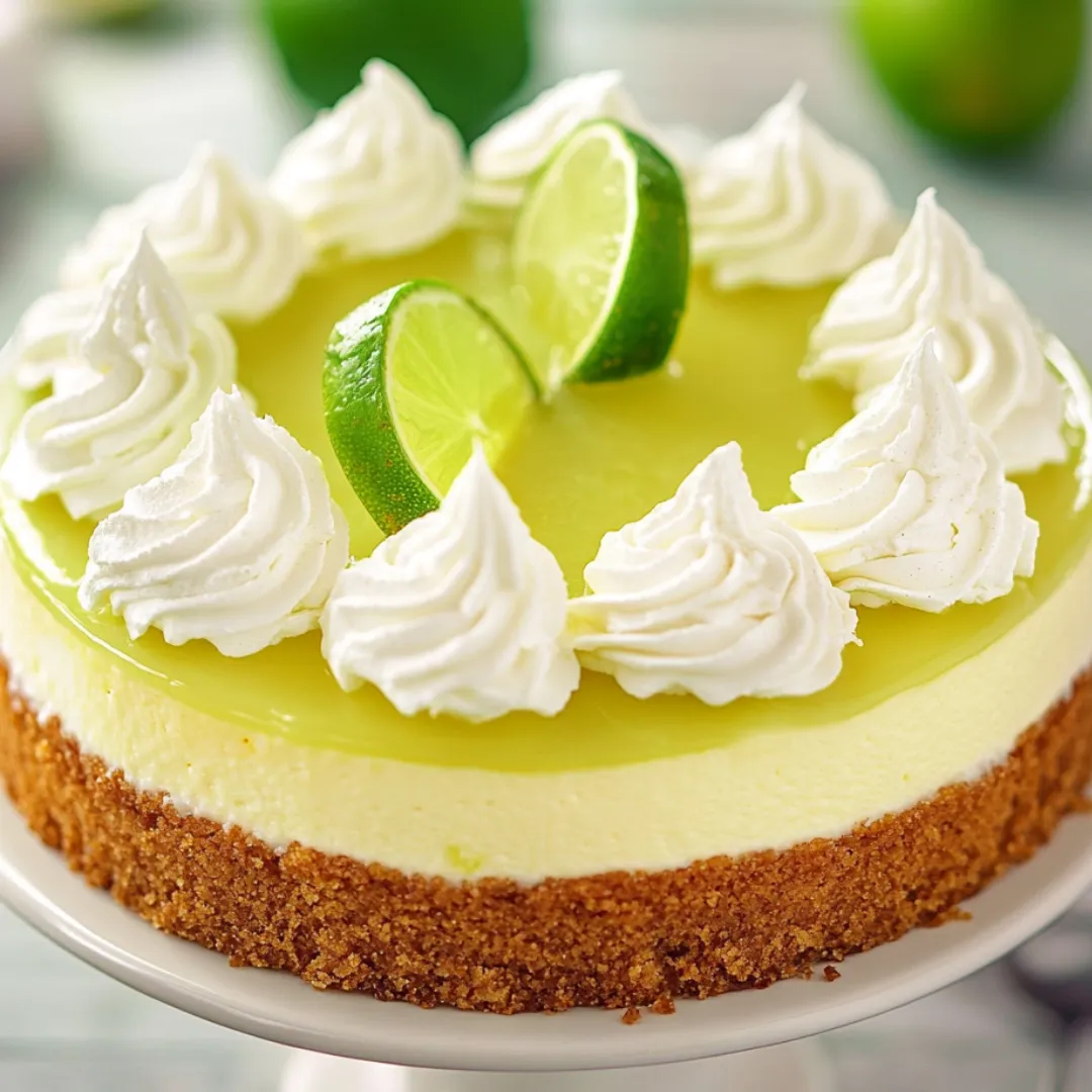 One wedge of creamy cake topped with fluffy white cream and slices of lime.