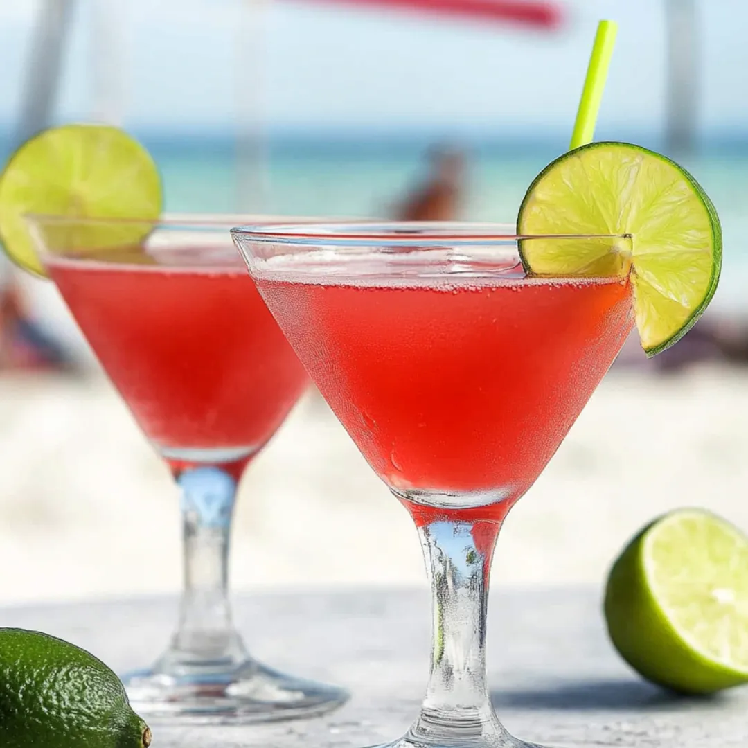 Two glasses of pink drinks with limes on the side.
