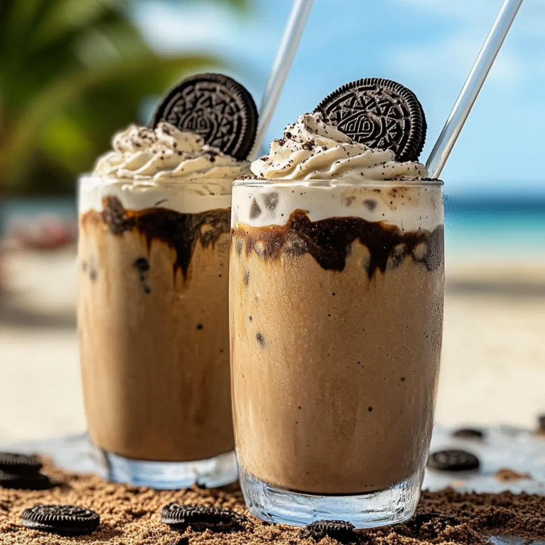 A pair of milkshakes in glasses with cookies alongside.