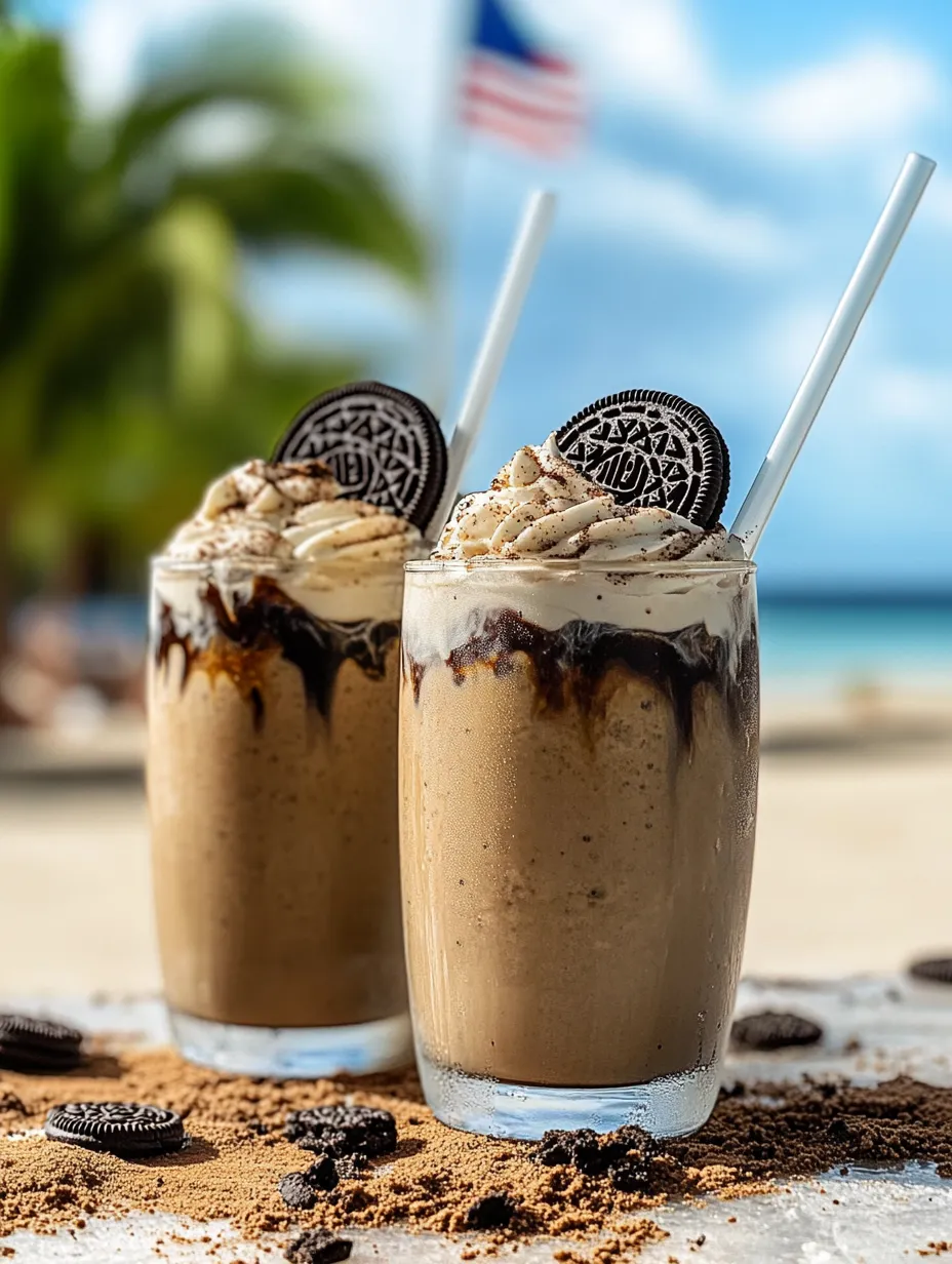 Two glasses of chocolate milk with cookies on top.