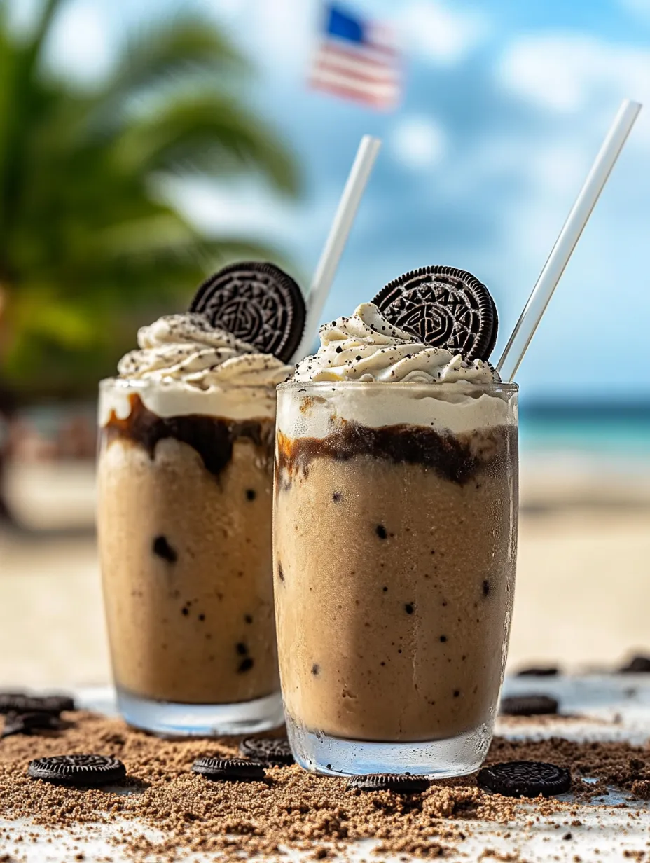 Two glasses of milkshakes with cookies and cream.