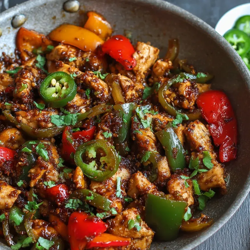 Food in a skillet with peppers and onions all mixed together.