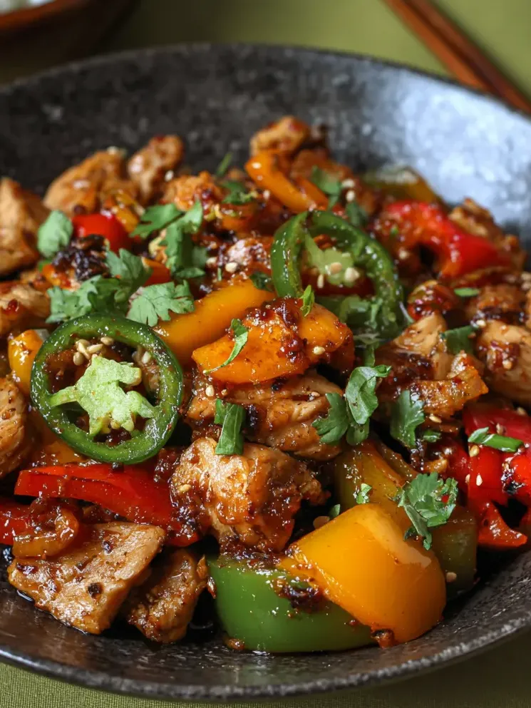 A bowl filled with chicken and peppers.