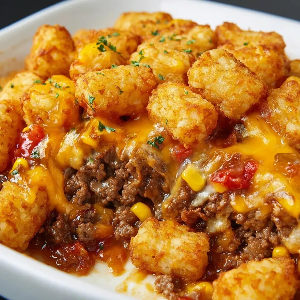 Dinner plate loaded with corn, cheese, and tater tots.