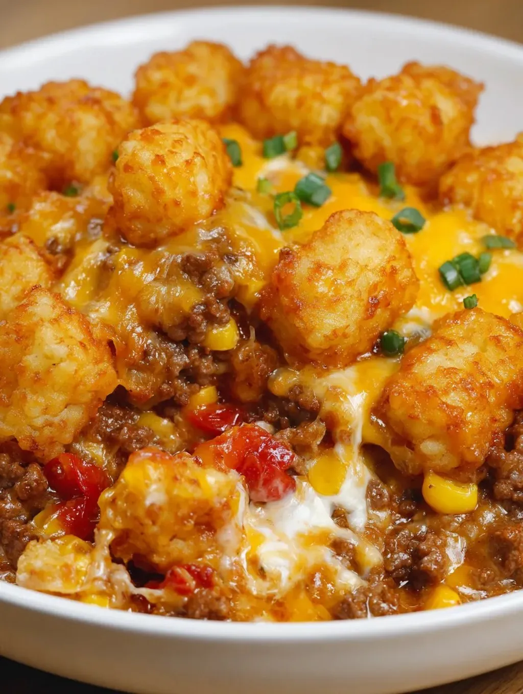 A bowl filled with cheesy sauce and crispy tater tots.