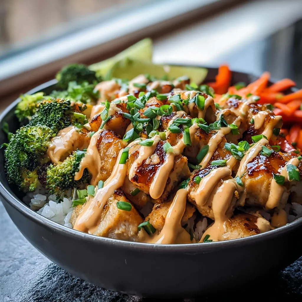 Bowl of rice with juicy chicken and crisp vegetables.