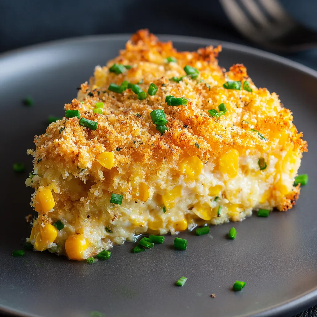 Corn casserole slice plated and ready to eat.