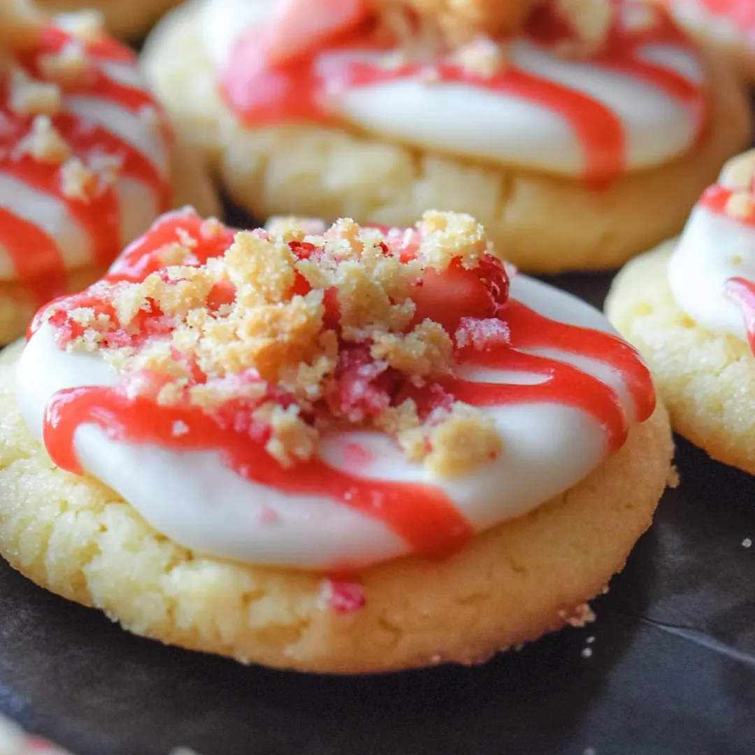 A round cookie topped with white icing and bright red strawberry bits.