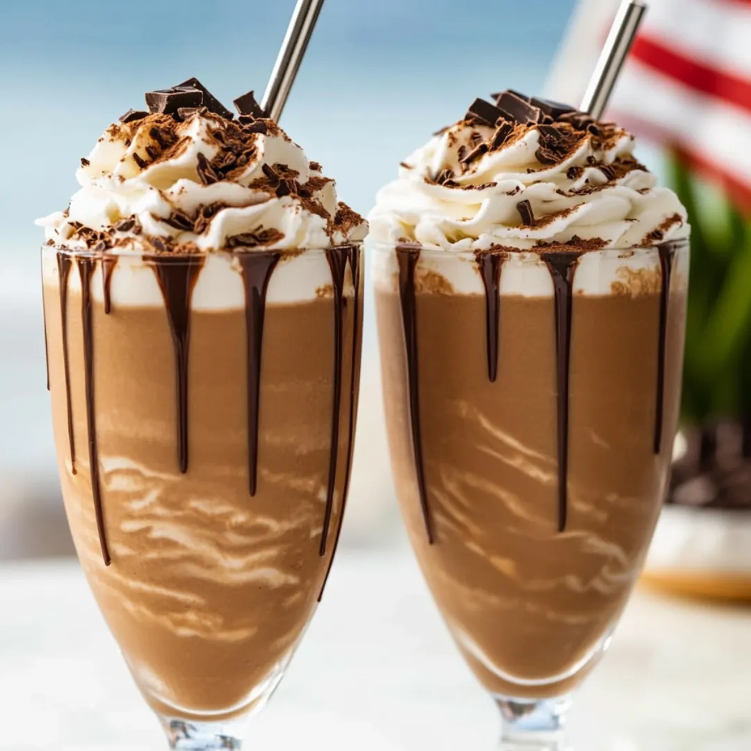 Two tall chocolate shakes topped with whipped cream.