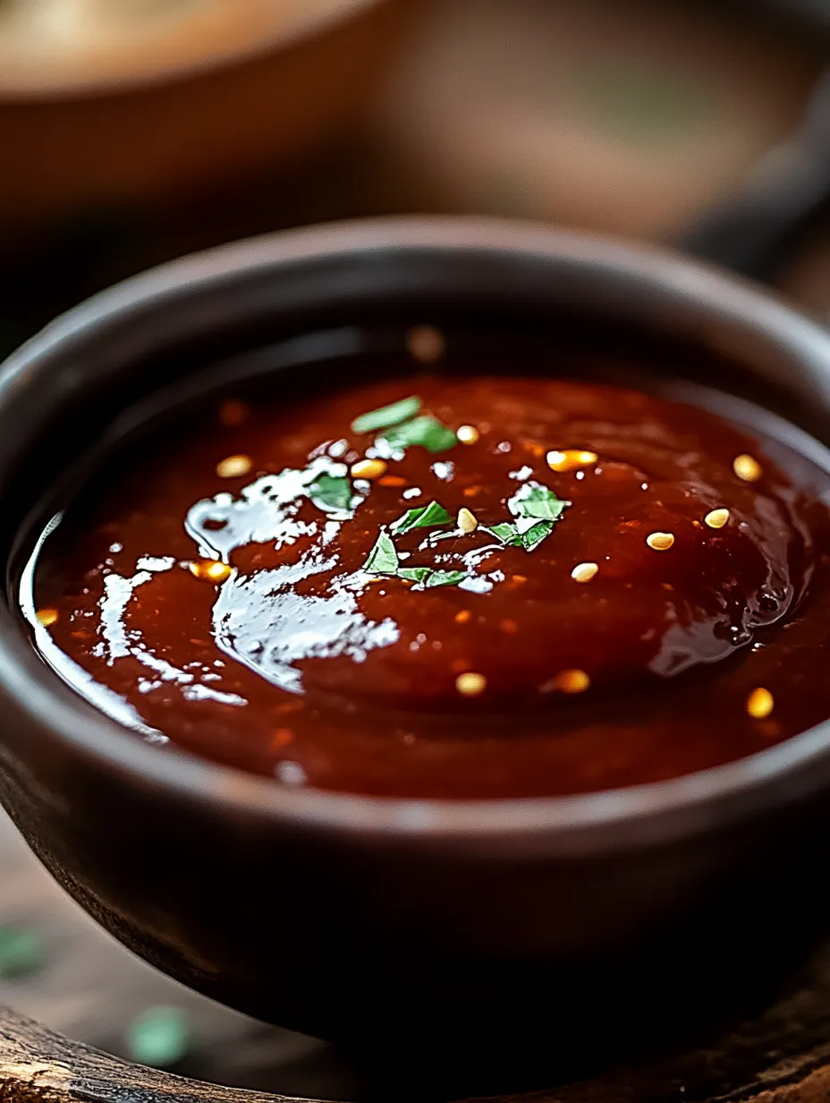 Sauce in a bowl with fresh green herbs on the surface.
