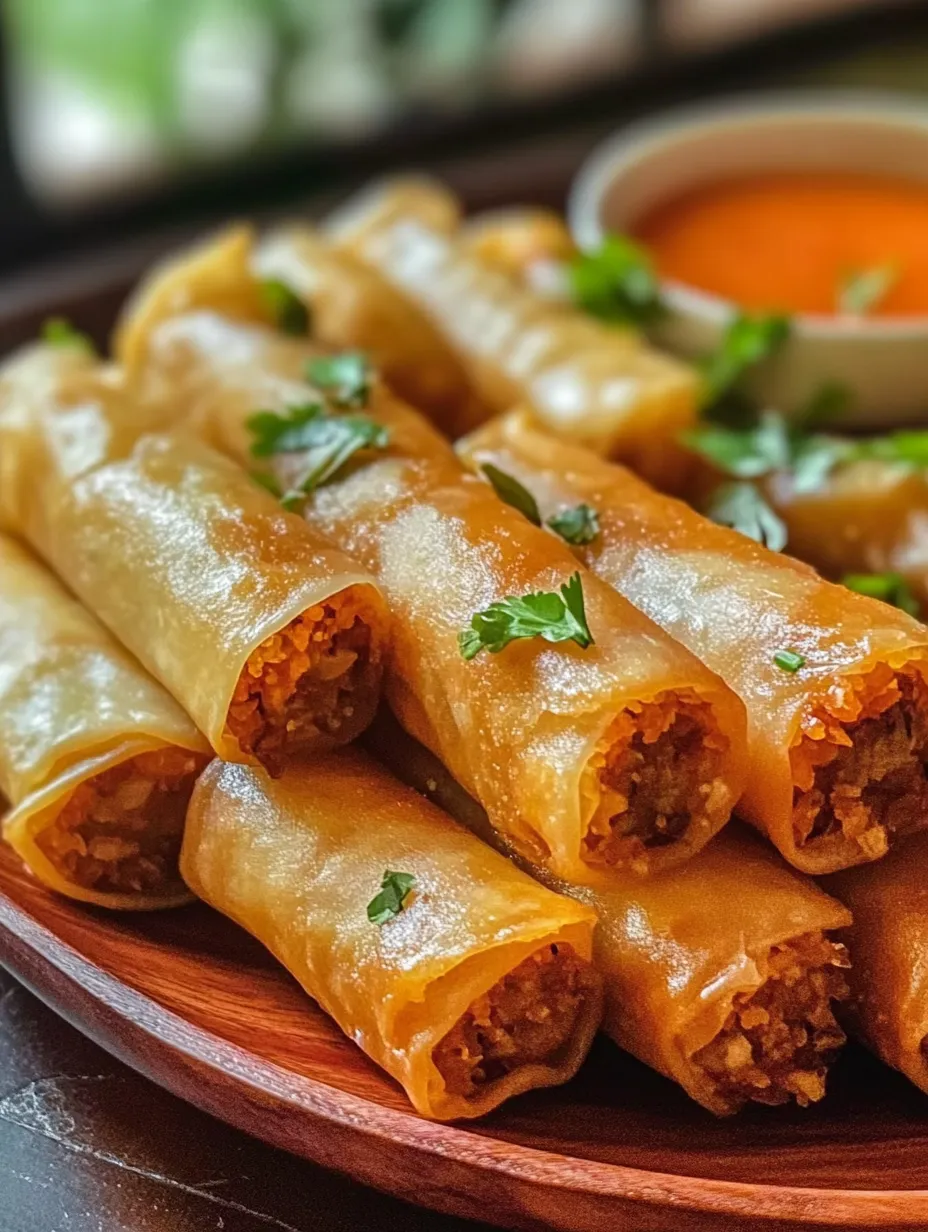 A plate loaded with crispy rolls and a small dipping bowl.