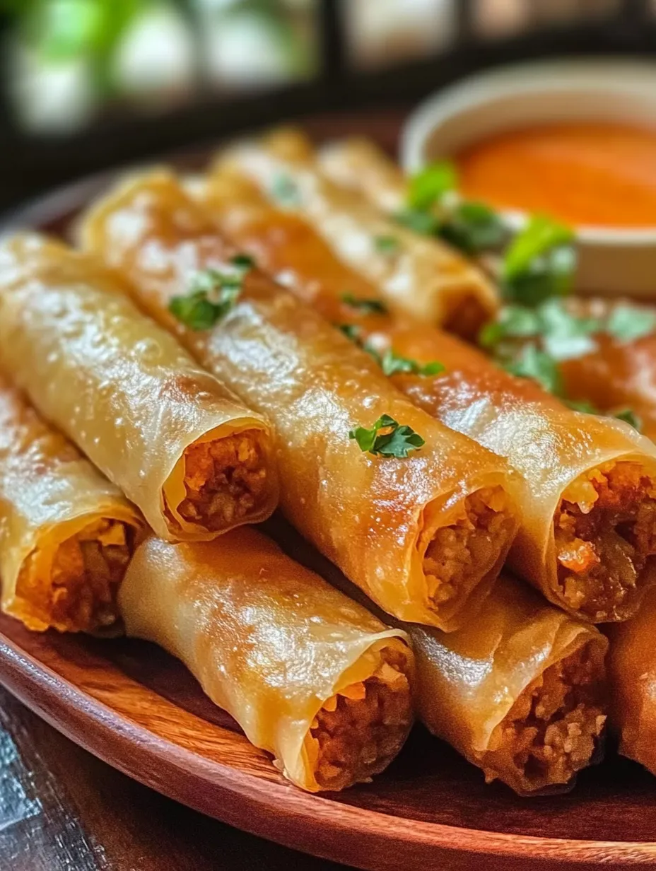 A plate loaded with crispy rolls and a small dipping bowl.