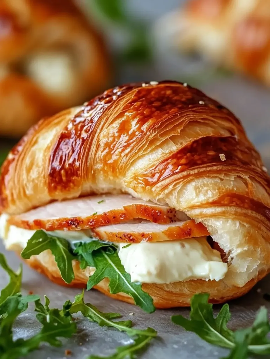 A croissant sandwich stuffed with meat and cheese sits on a plate.