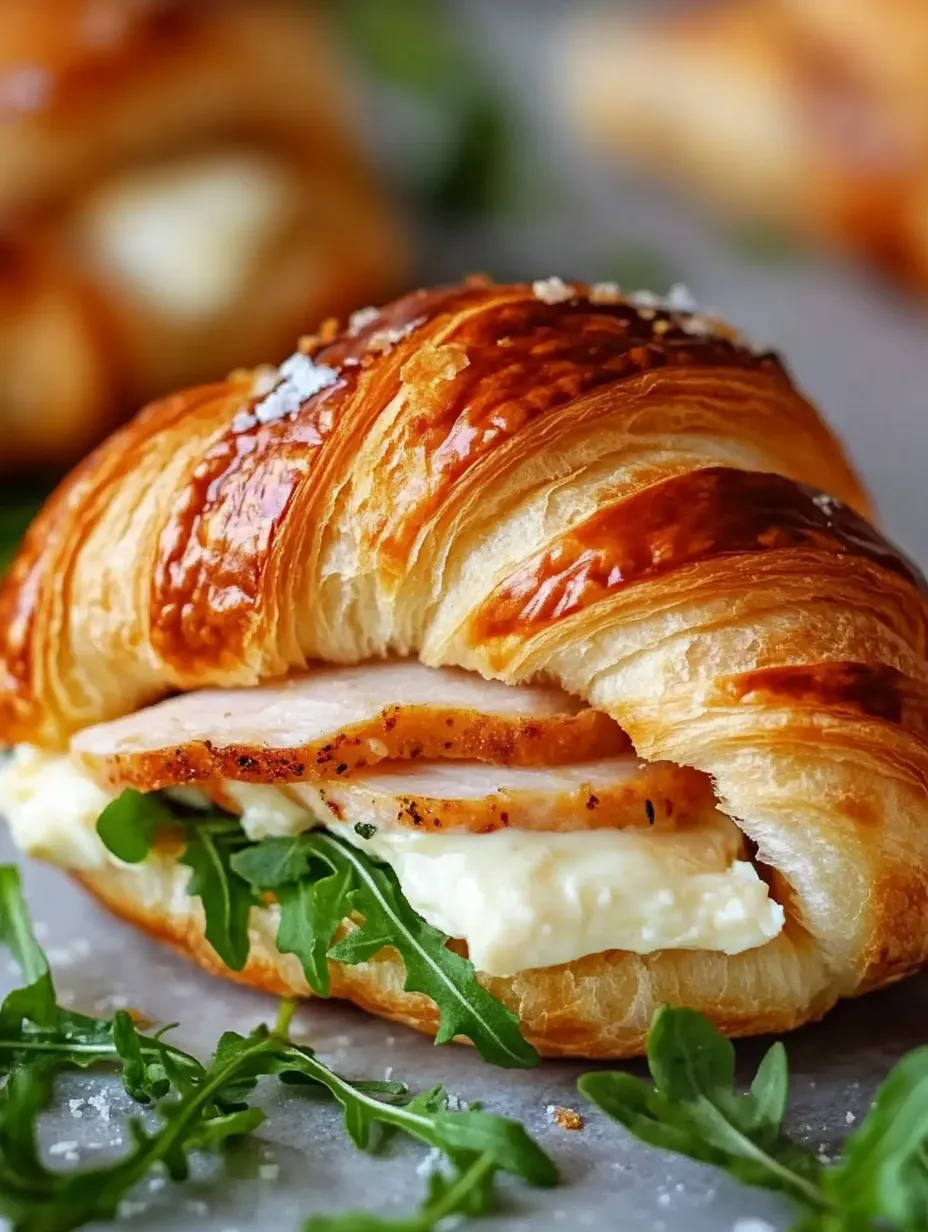 A croissant sandwich stuffed with meat and cheese sits on a plate.