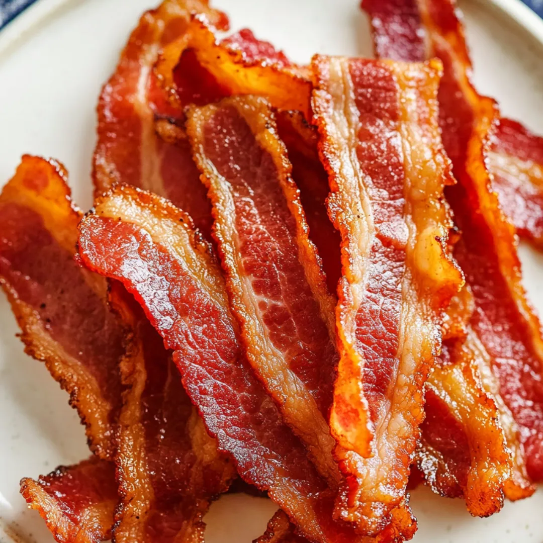 Bacon piled on a white dish.