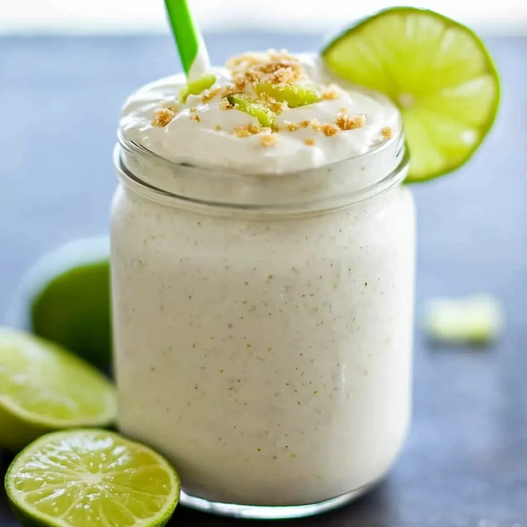 Glass filled with creamy white smoothie, finished with a lime wedge.
