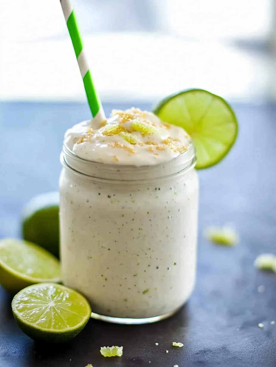 Cold coconut milk with a bright green straw in a tall glass.
