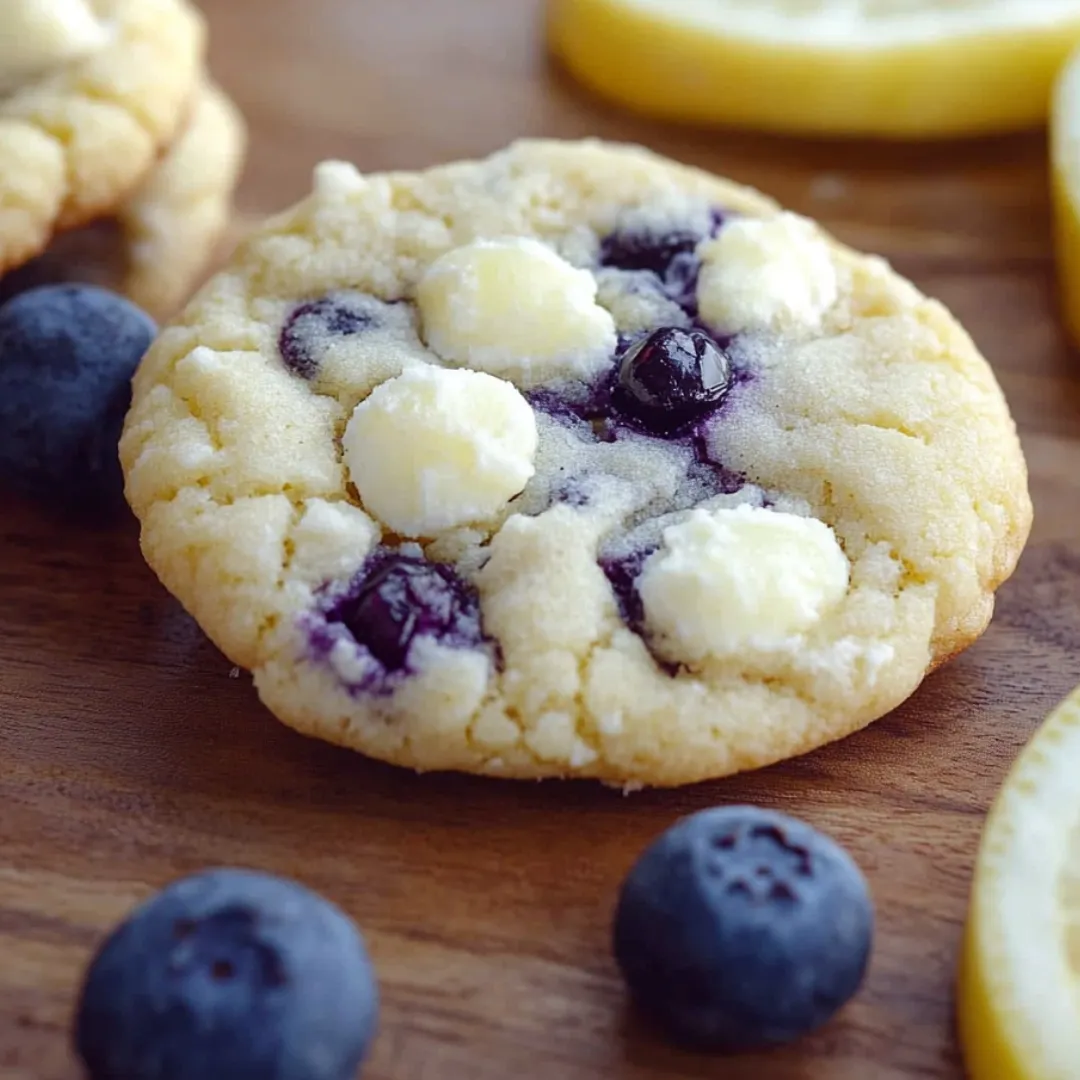 A blueberry cookie with creamy white bits.