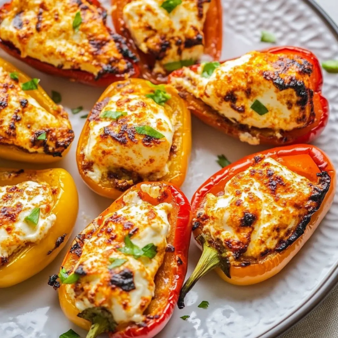A plate with cheesy peppers that have been grilled.