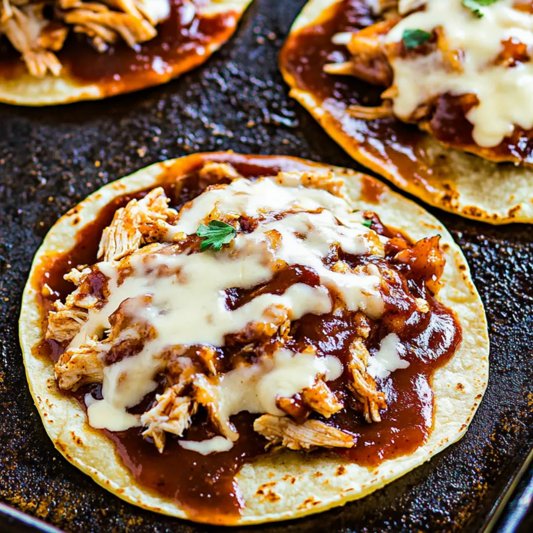 Crunchy tostadas topped with saucy chicken and melty cheese on a plate.