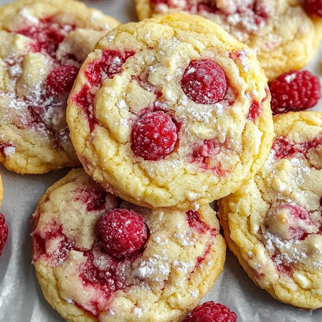 Plate stacked with lemon raspberry cookies, some with a swirl of red jam.