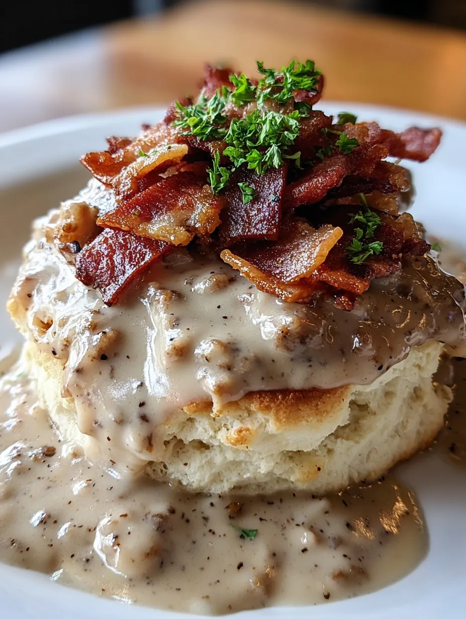 Bacon and gravy stacked on fluffy biscuits.