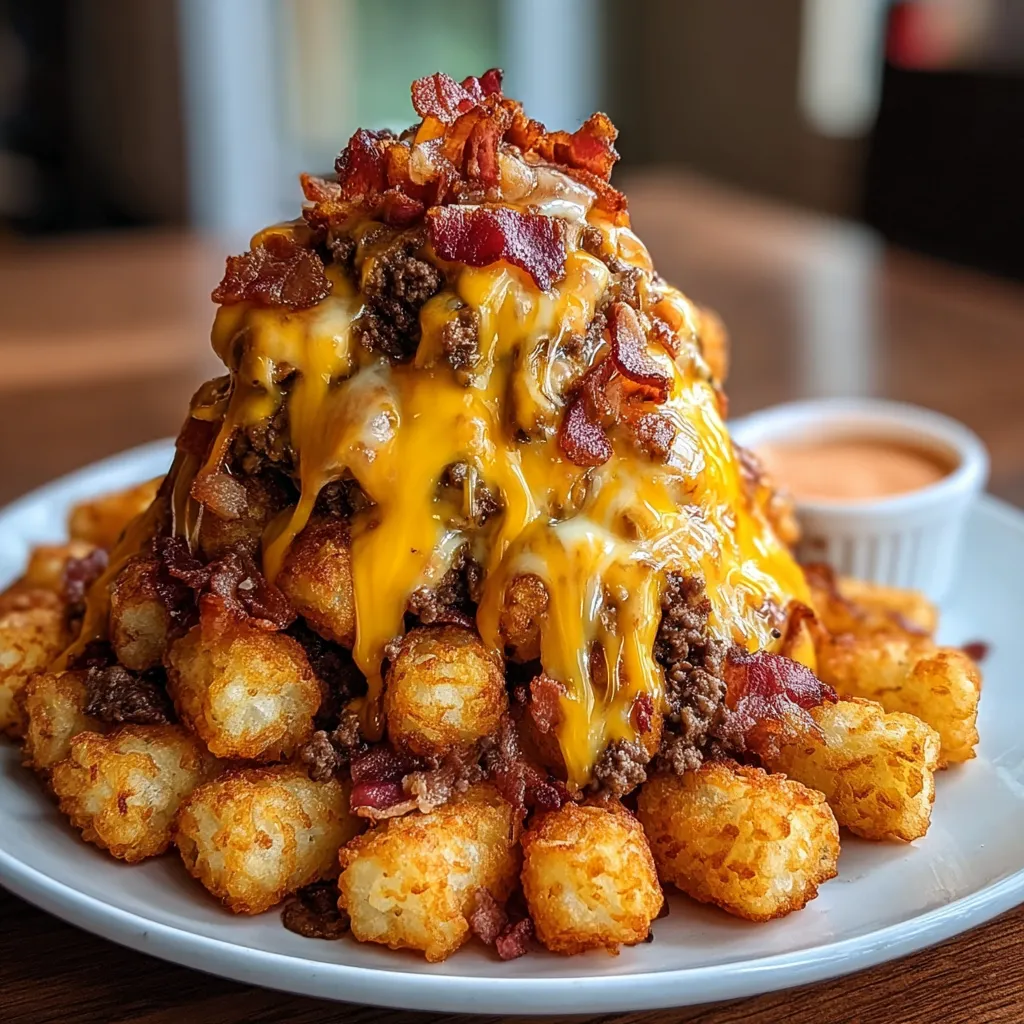 Tater tot cones stuffed with beef, melty cheese, and crispy bacon on a plate.