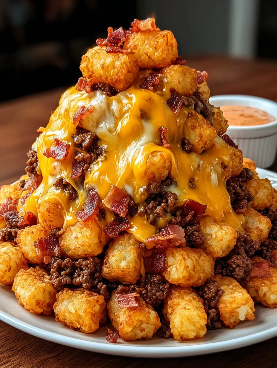 Closeup of cheeseburger cones and golden tater tots with bacon.