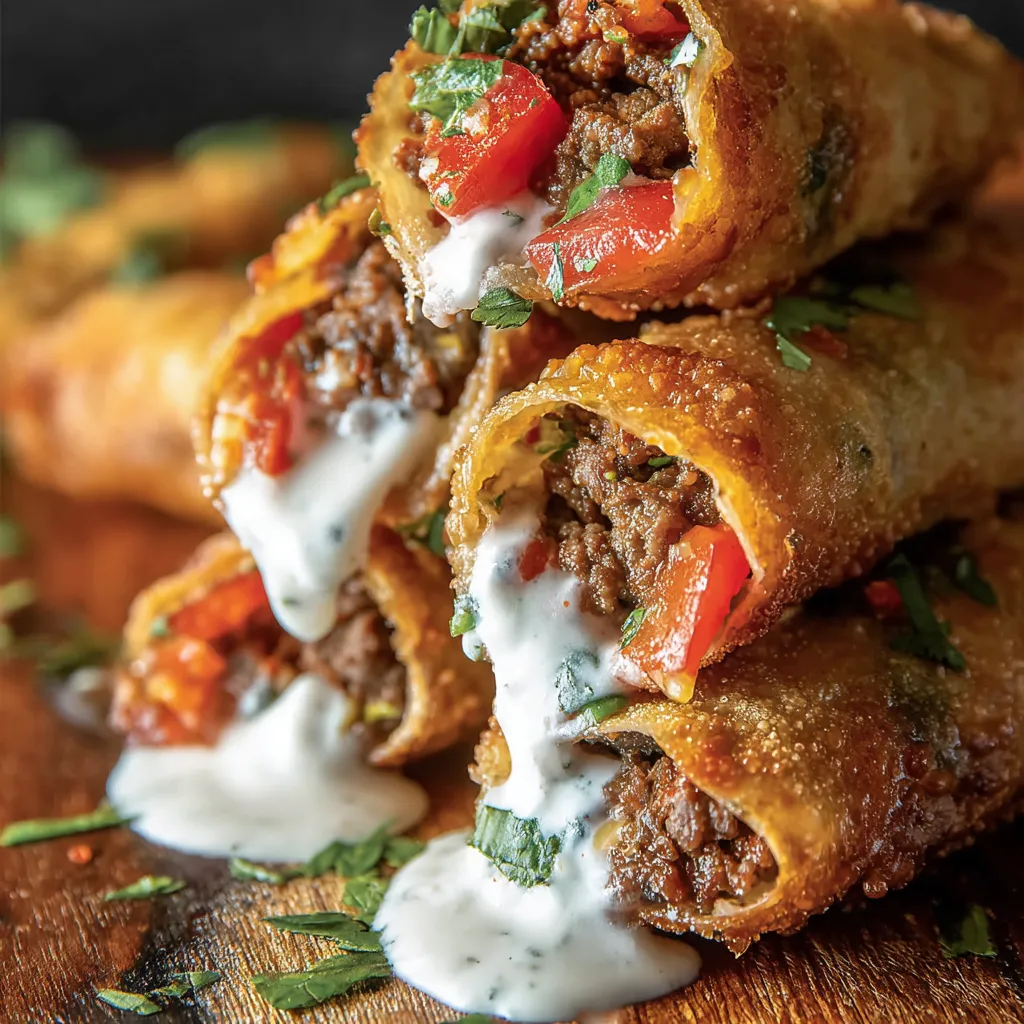 A pile of rolled burritos topped with white sauce sitting on a table.