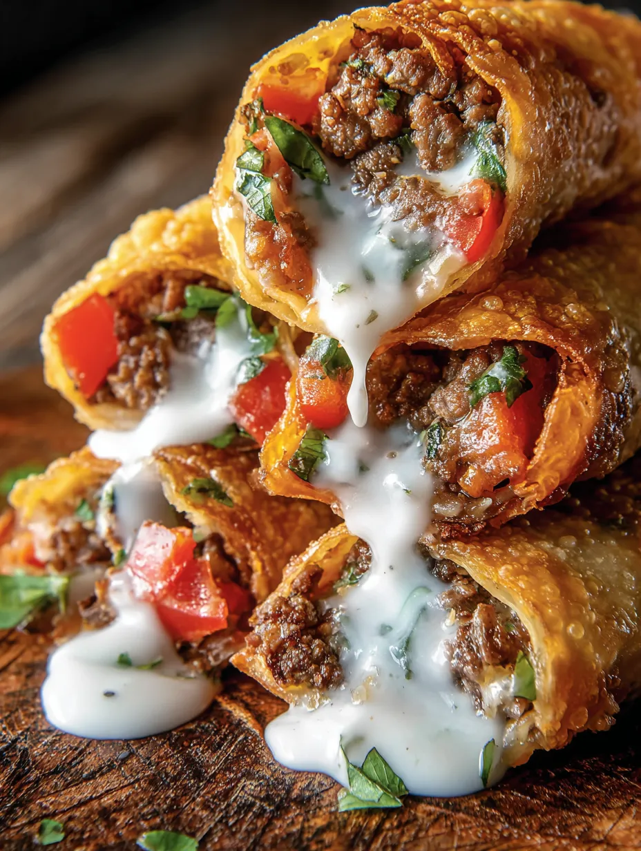 Several burritos stacked with creamy white sauce drizzled on top.