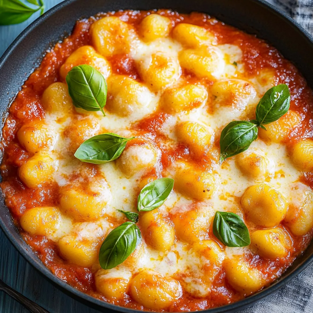 A bowl of pasta topped with melted cheese and fresh basil.