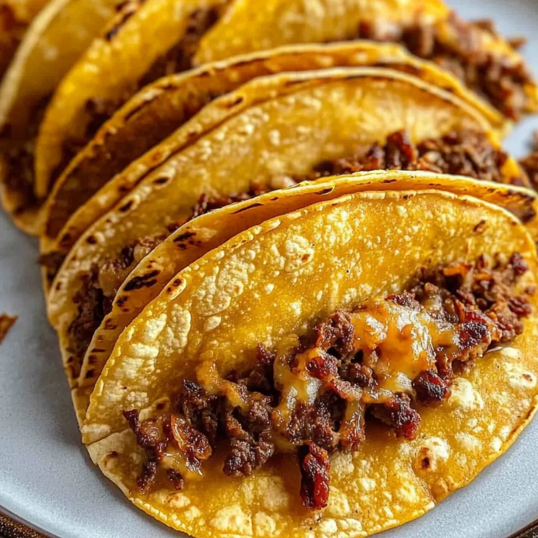 Plate piled with beefy cheesy tacos.