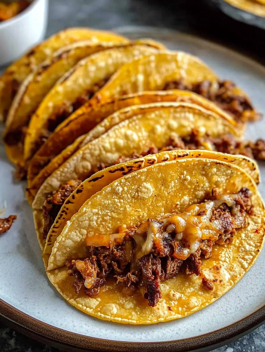 A plate of tacos with meat and cheese.