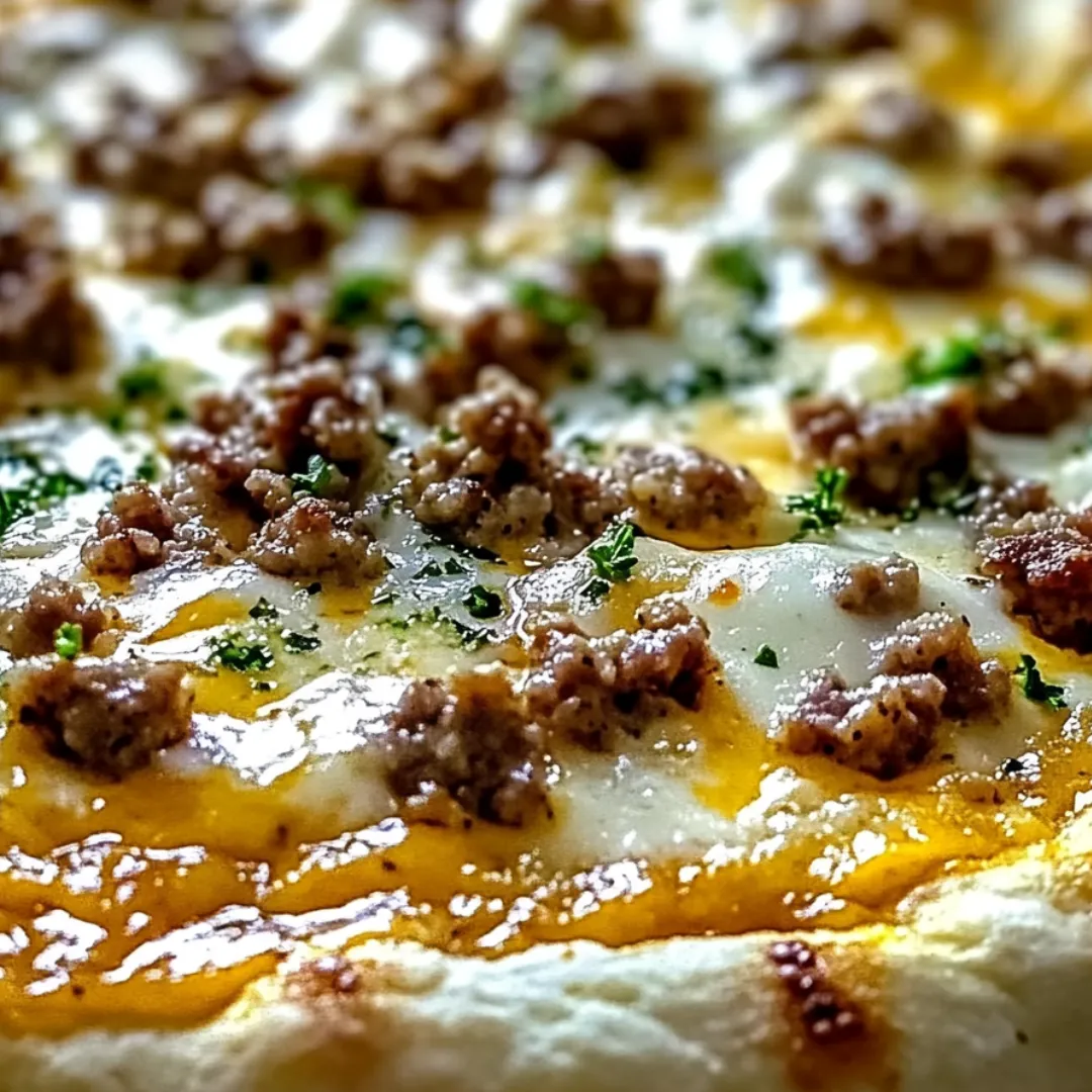 Big slice of breakfast pizza loaded with sausage and cheddar cheese.