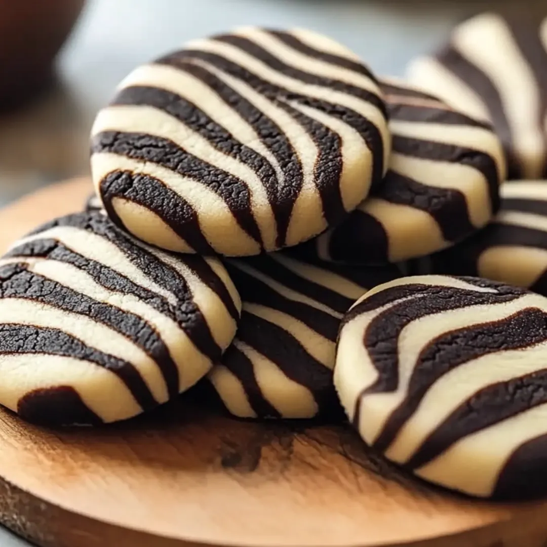 Cookies with bold black and white stripes on a plate.