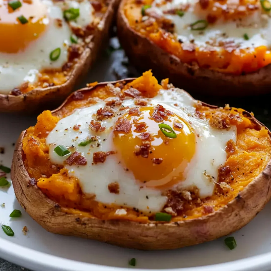 Two pieces of baked sweet potato with sunny eggs on them.