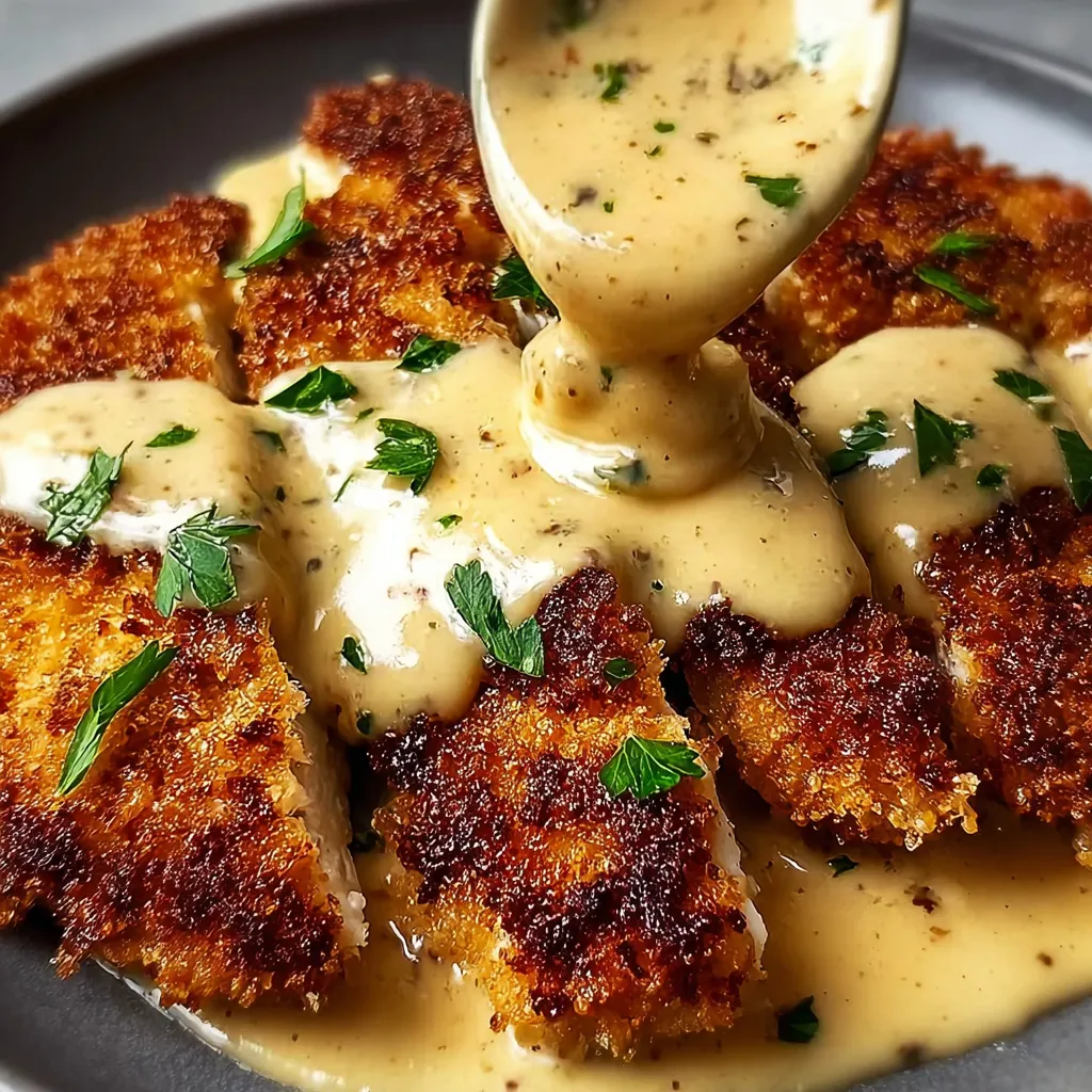 Chicken topped with a creamy sauce on a plate.