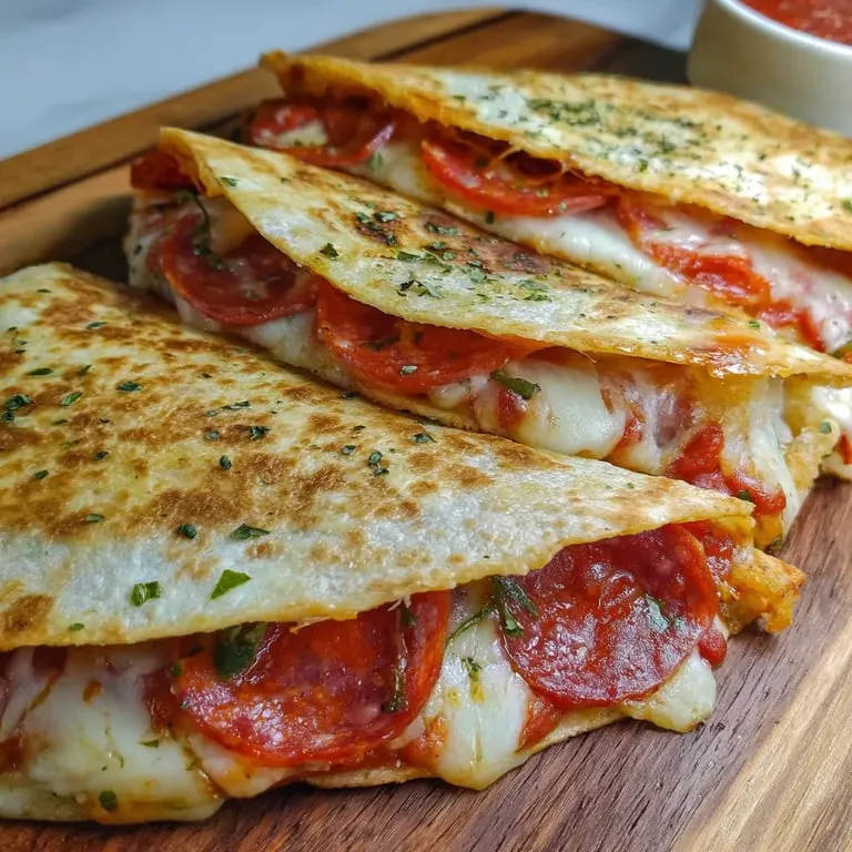 Two slices of cheesy pizza served on wood.