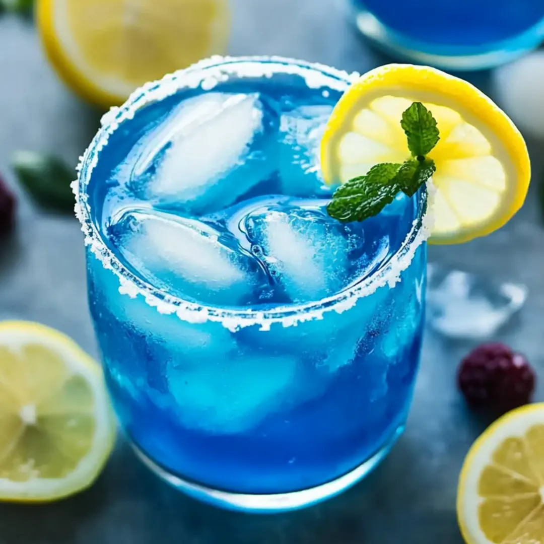 A tall, blue drink loaded with lemon and mint on top.