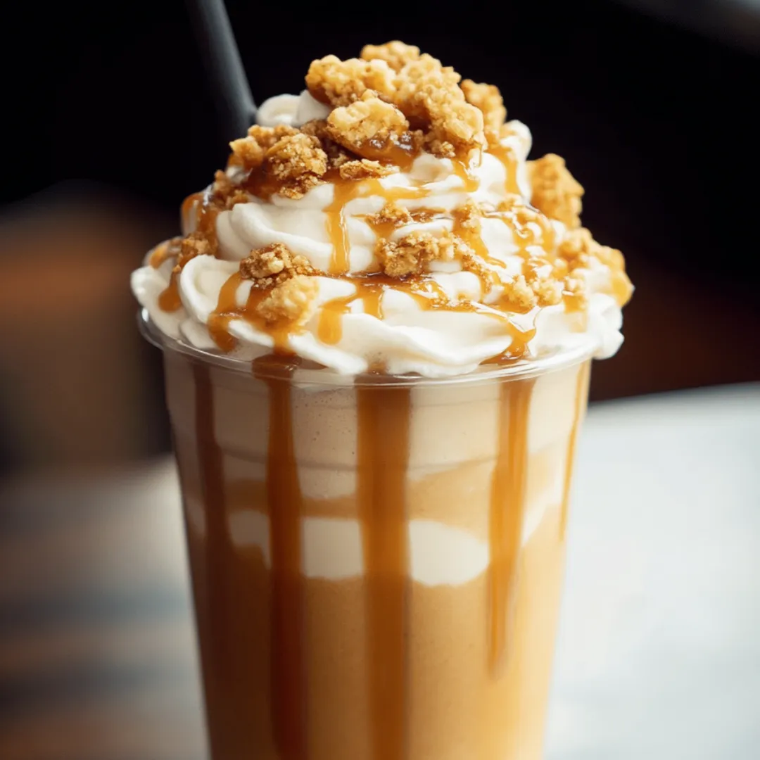 Cold caramel drink in a clear glass topped with a pile of whipped cream.