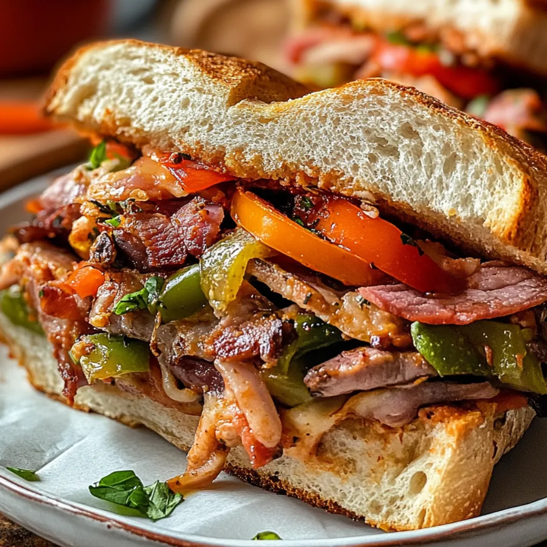 A stack of deli meats, crunchy veggies, and tomatoes inside ciabatta.