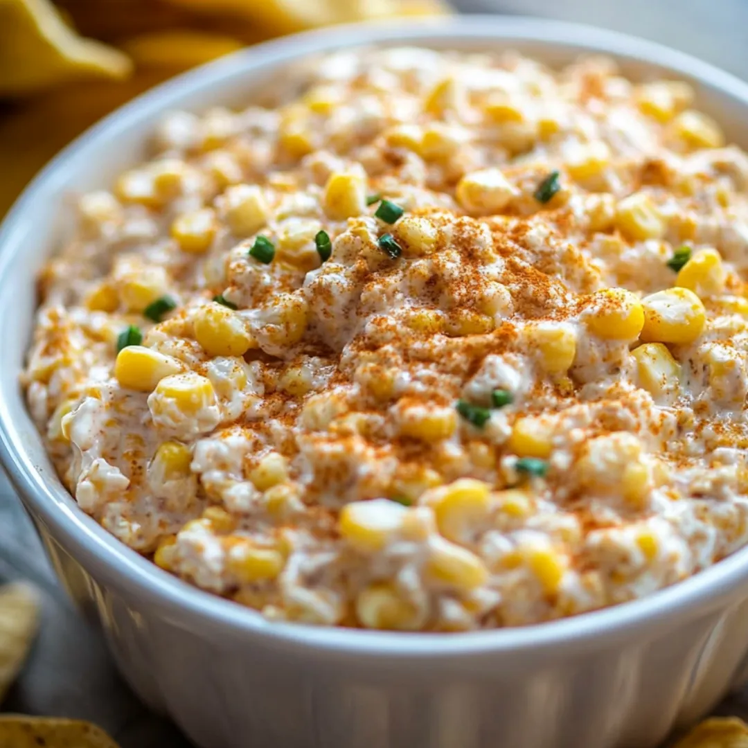 Corn dip in a bowl, surrounded by chips.