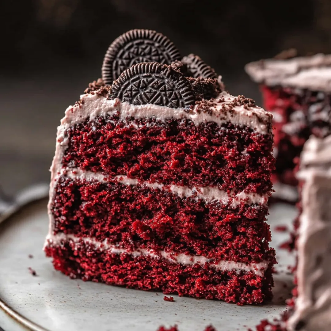 Red velvet cake slice topped with chocolate cookies.