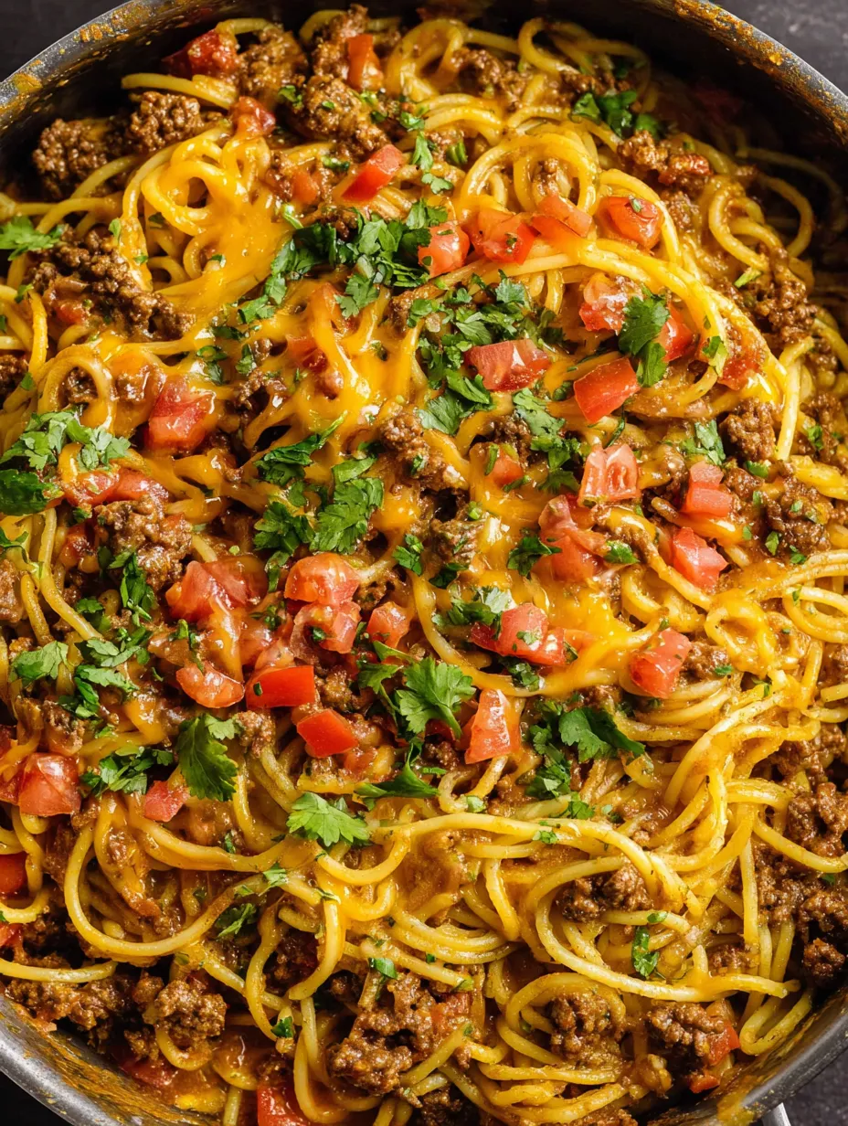 A bowl packed with spaghetti, beef, and tomatoes.