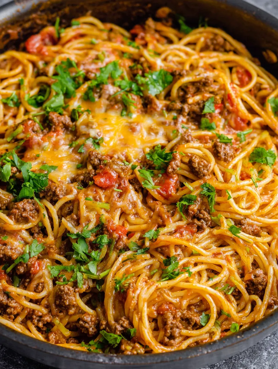 Hearty bowl with spaghetti and chunky meat sauce.