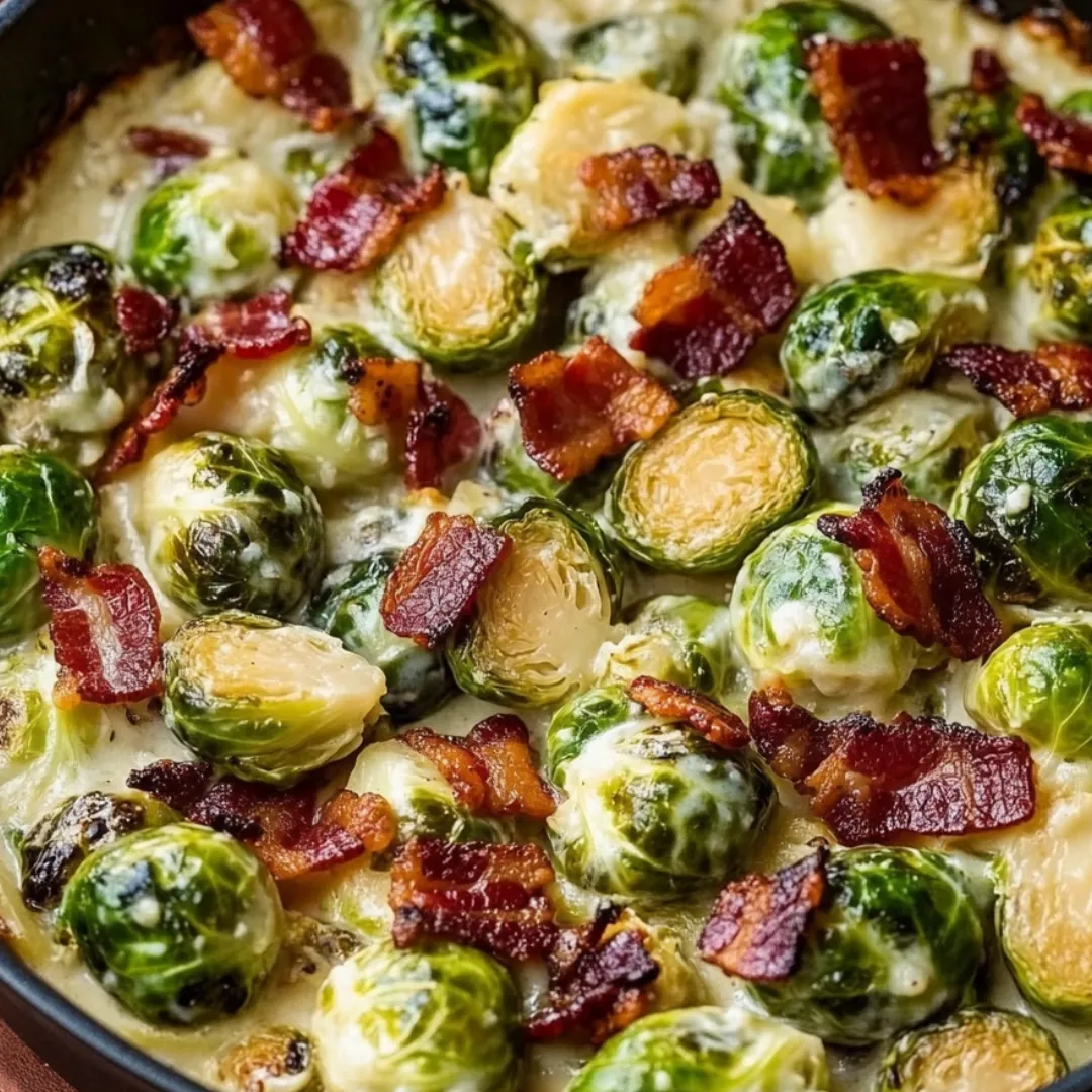 A dish packed with bacon and Brussels sprouts.