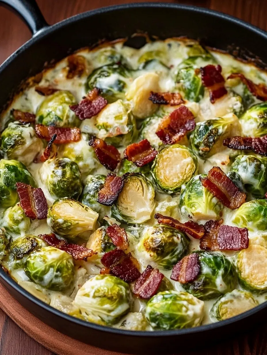 Bacon and Brussels Sprouts sizzling in a skillet.