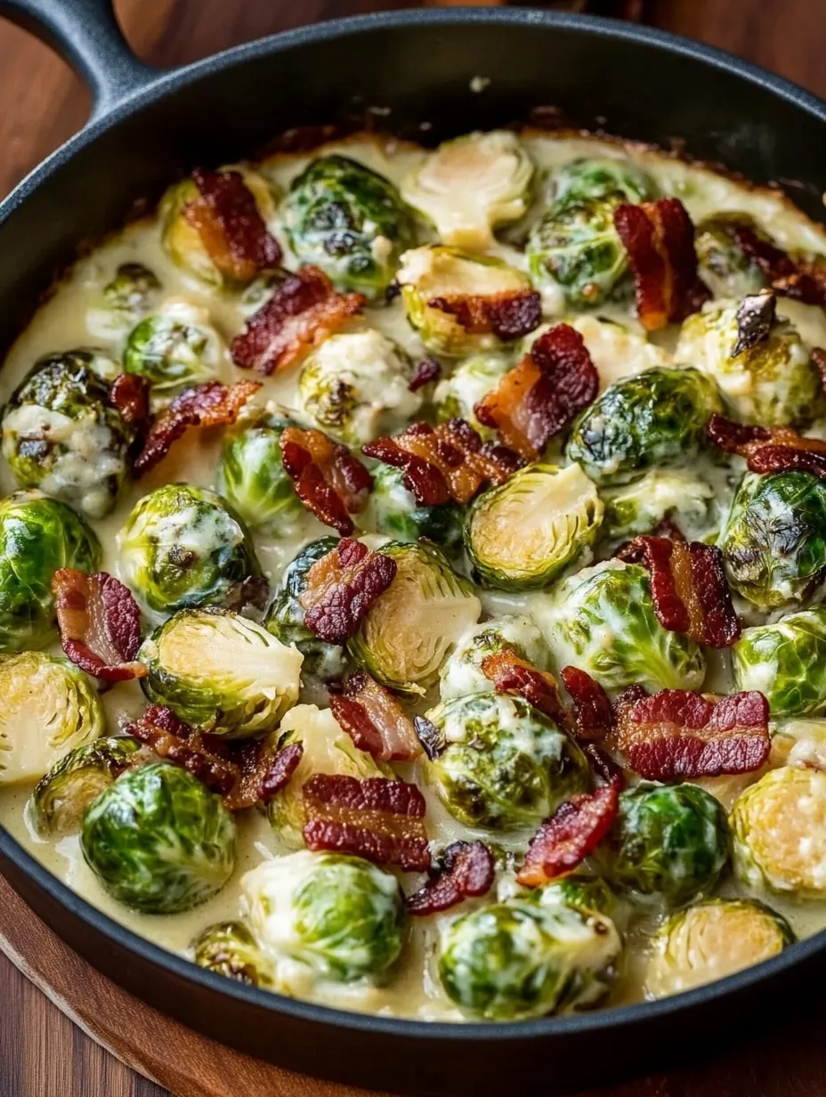 Zoomed-in view of cheesy bacon Brussels sprouts goodness.